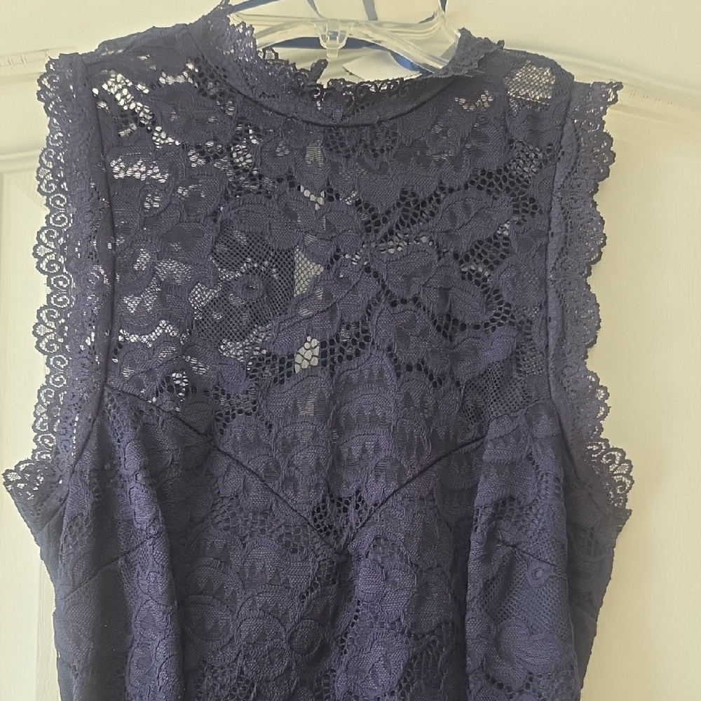 Selfie Leslie Navy Lace Sleeveless Mock Neck Dress